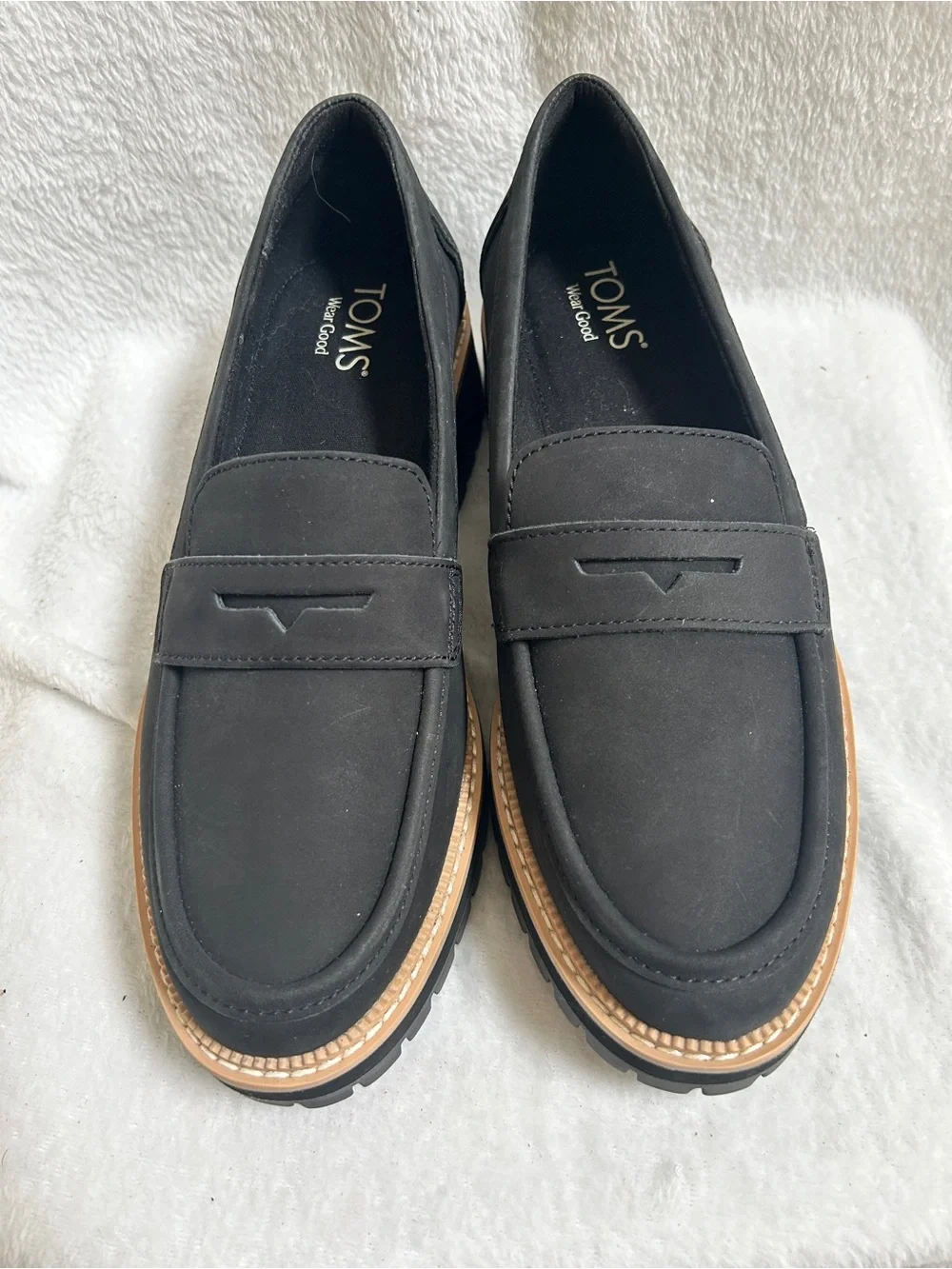 TOMS Black Loafers with Tan Trim - Men's Slip-On Penny Style
